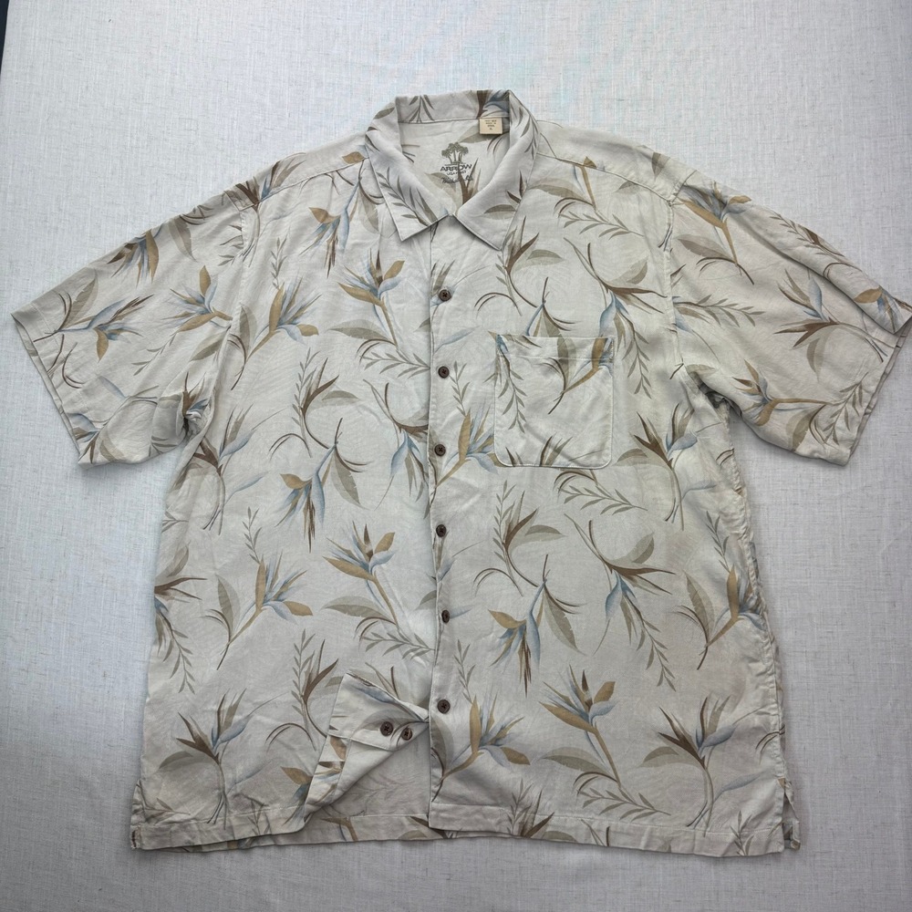 VTG Arrow USA 1851 100% Silk Camp Shirt Mens XL Beige Bird of Paradise Tropical